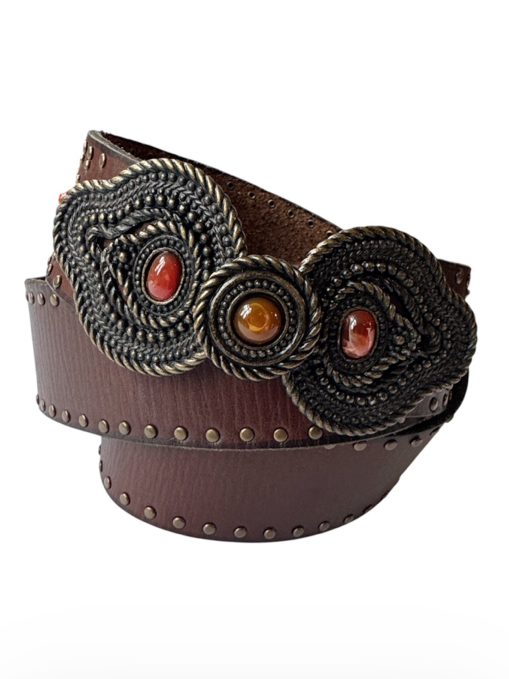 Vintage Y2K-style brown leather studded boho belt Size L/XL